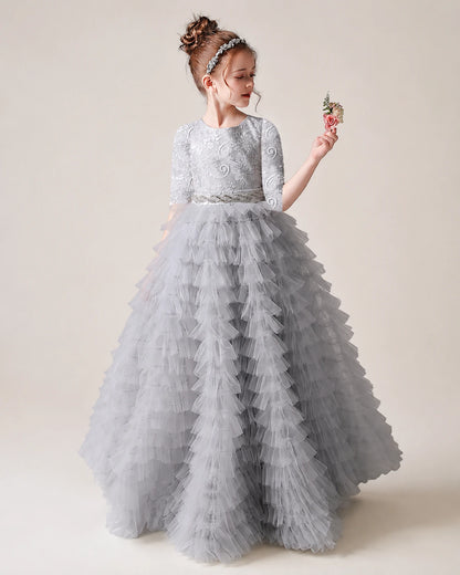 Silver Lace Ball Gown Pageant Dress Front View