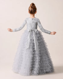 Silver Back Tiered Long Sleeve Flower Girl Dress