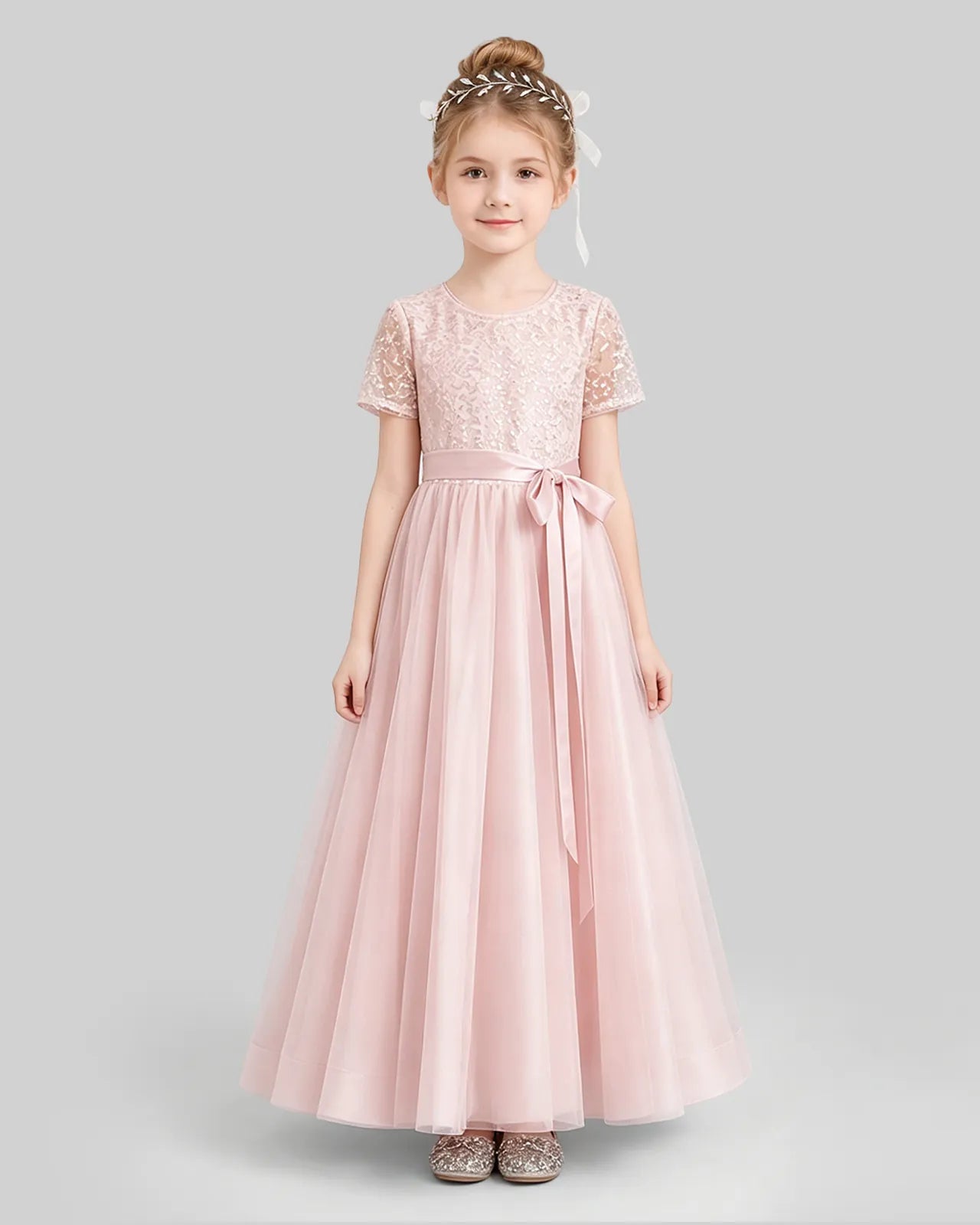 Pink Tulle A-line Flower Girl Dress Front View