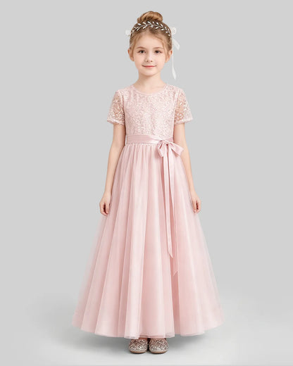 Pink Tulle A-line Flower Girl Dress Front View