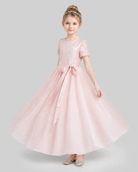 Pink Sequins Tulle A-line Flower Girl Dress Side View