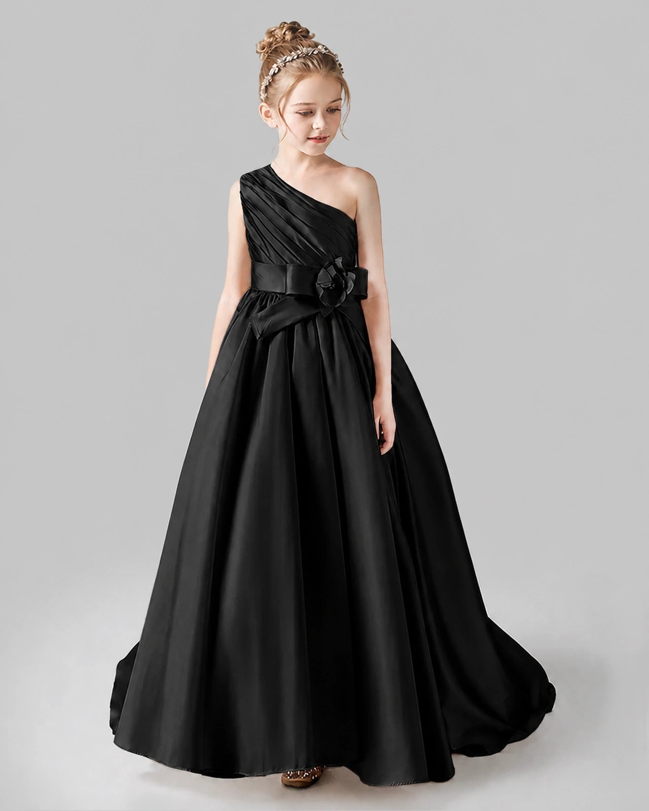 Black Satin A-line Pageant Dress Front View