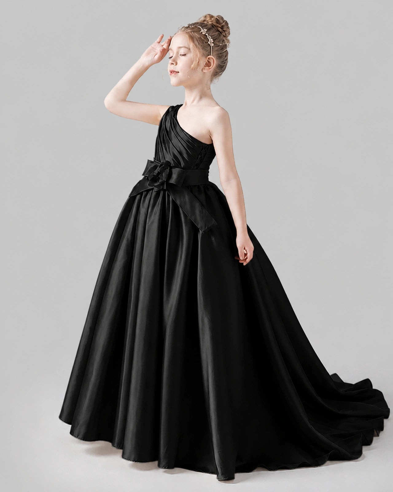 Black Satin Ball Gown Pageant Dress Side View