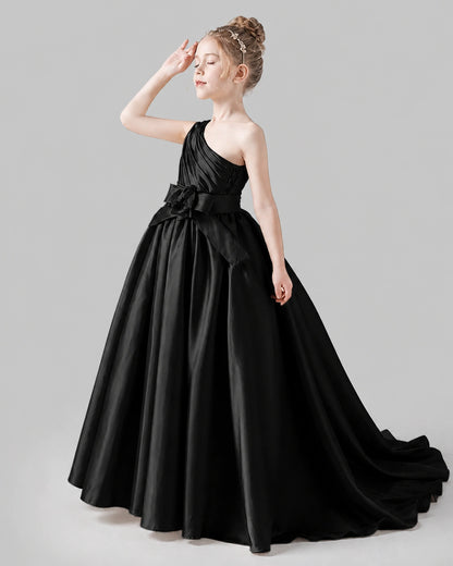 Black Satin Ball Gown Pageant Dress Side View