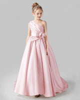 Blush Pink Satin A-line Pageant Dress Front View