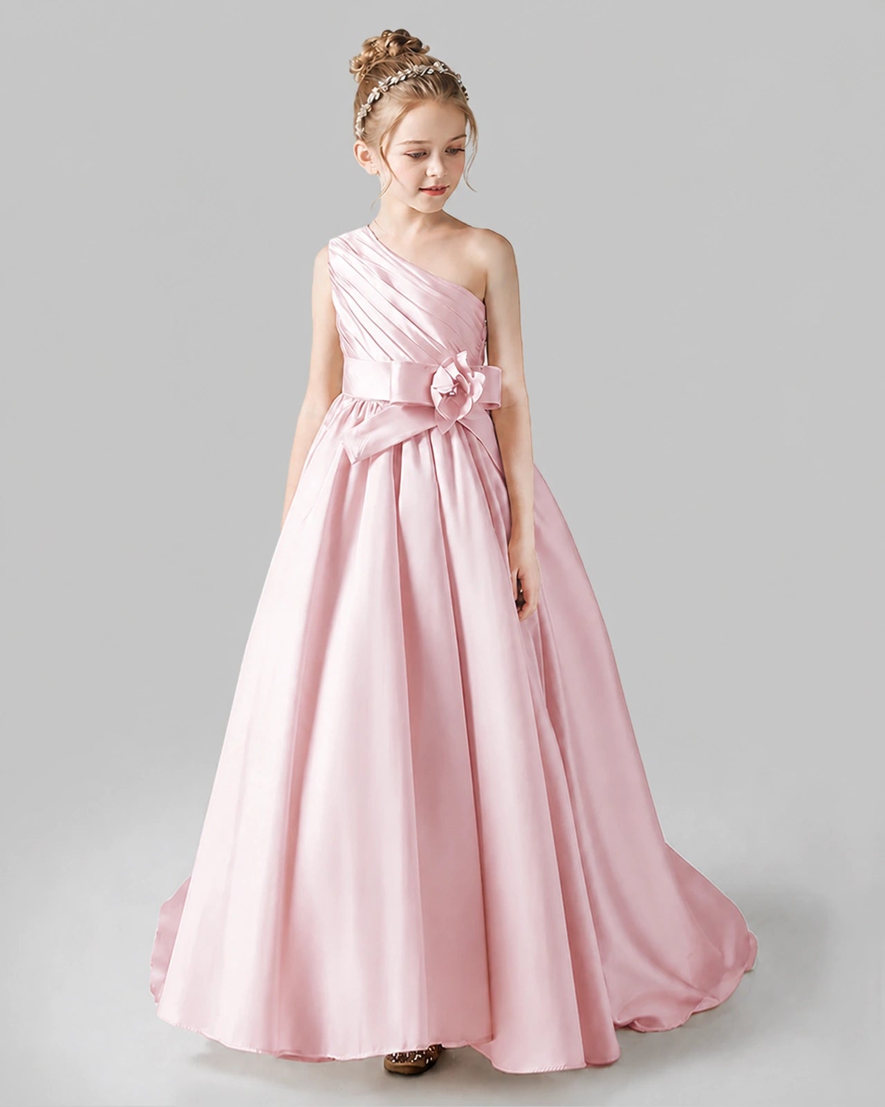 Blush Pink Satin A-line Pageant Dress Front View
