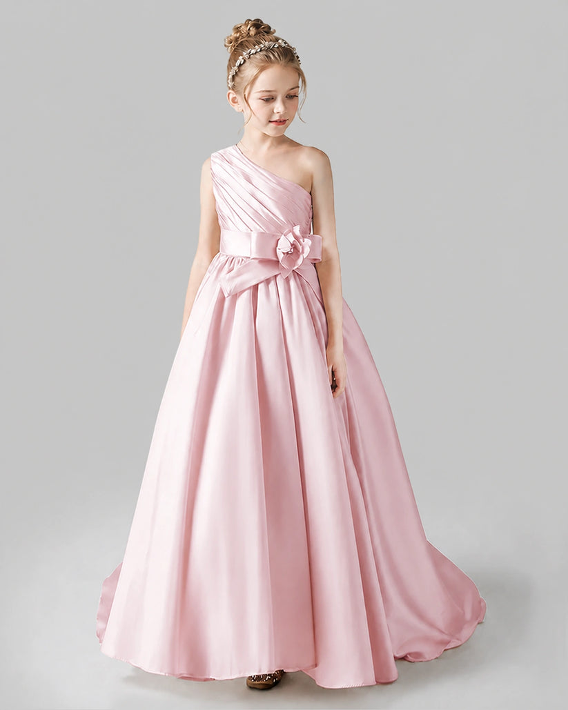 Blush Pink Satin A-line Pageant Dress Front View