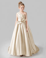 Champagne Satin A-line Pageant Dress Front View