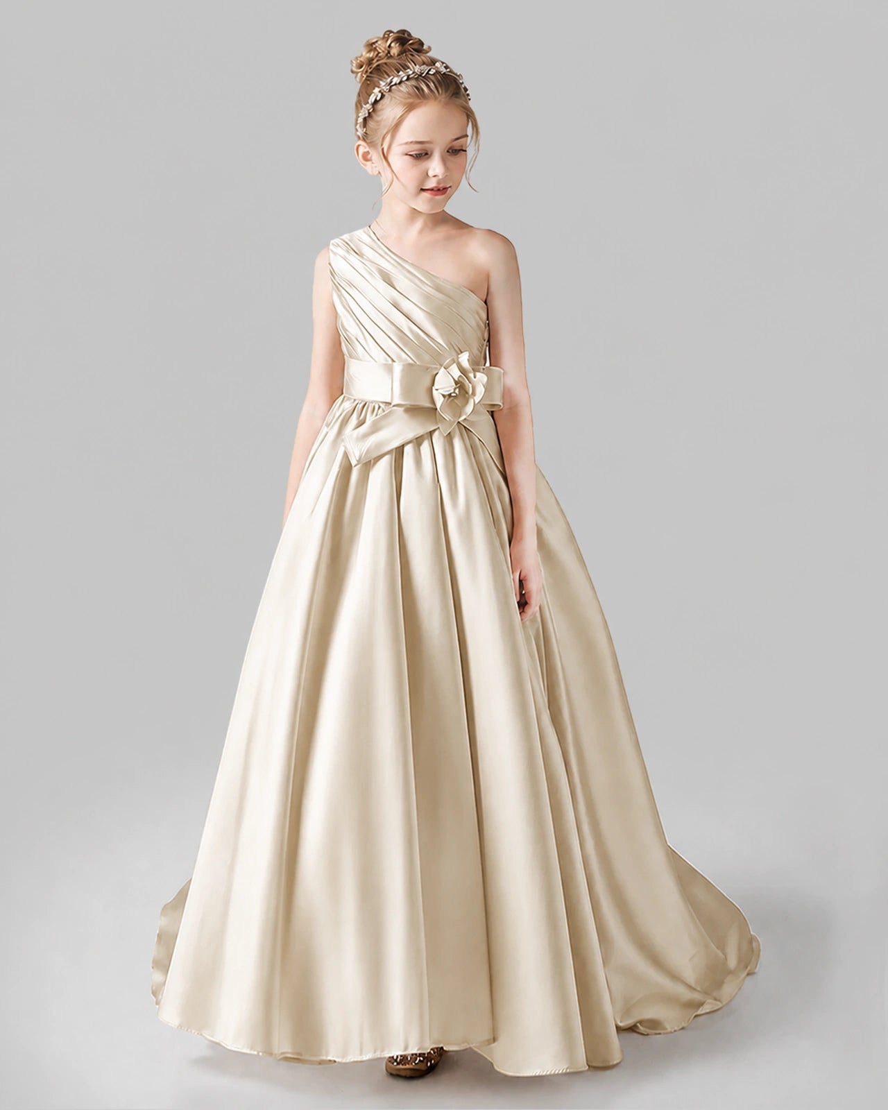 Champagne Satin A-line Pageant Dress Front View