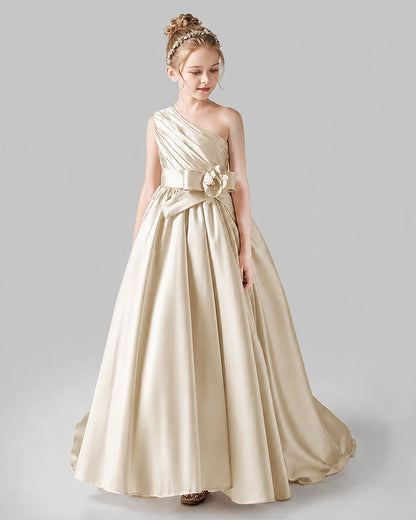Champagne Satin A-line Pageant Dress Front View