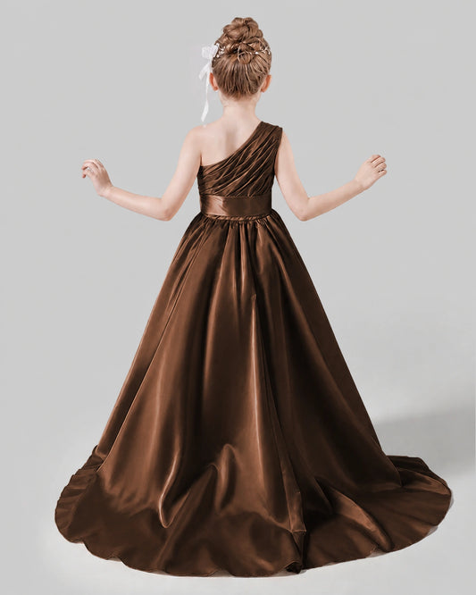 Chocolate Satin A-line Pageant Dress Back View