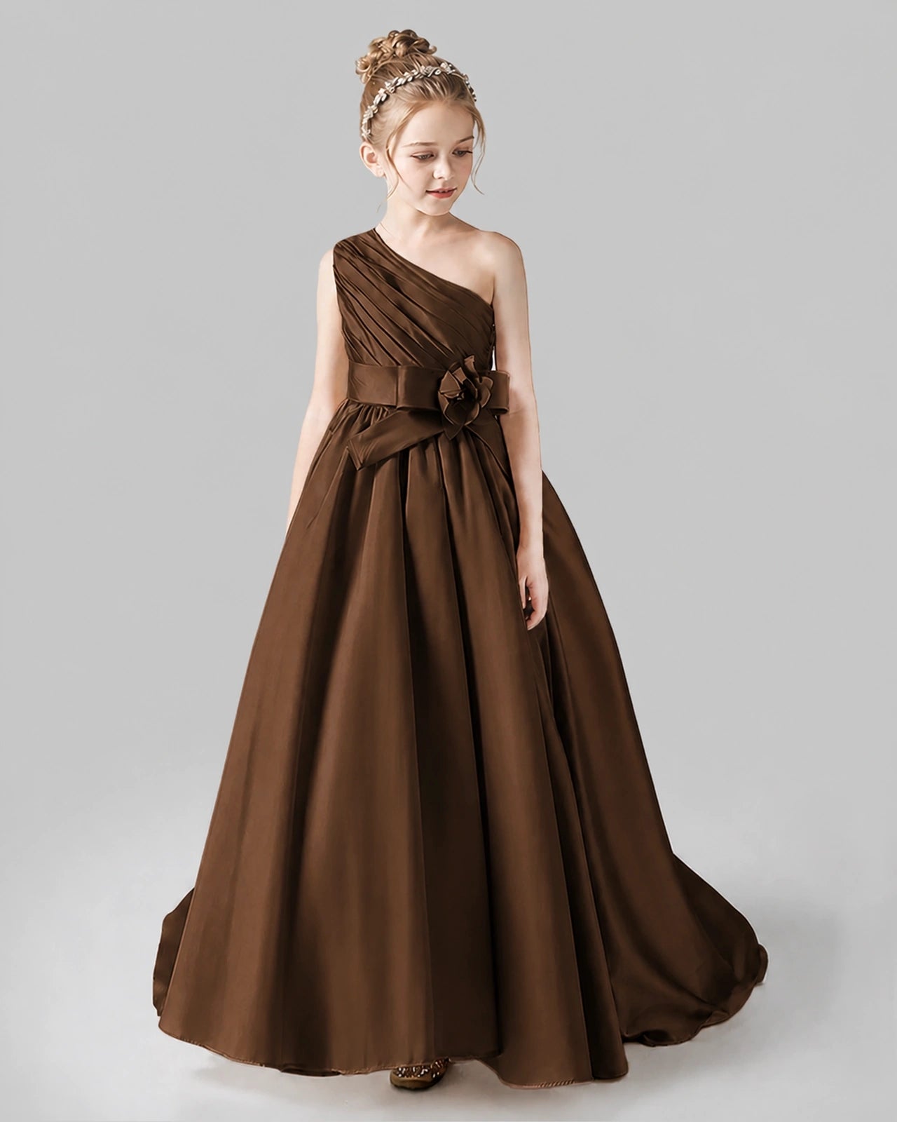 Chocolate Satin A-line Pageant Dress Front View