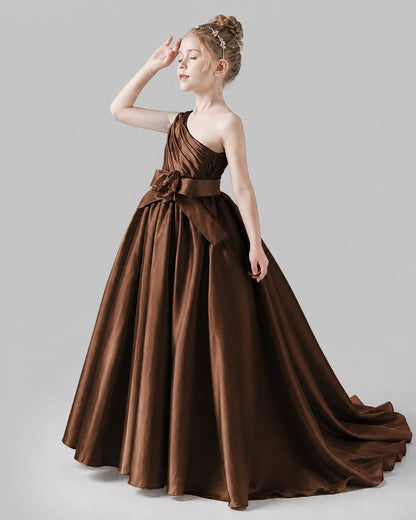 Chocolate Satin A-line Pageant Dress Side View