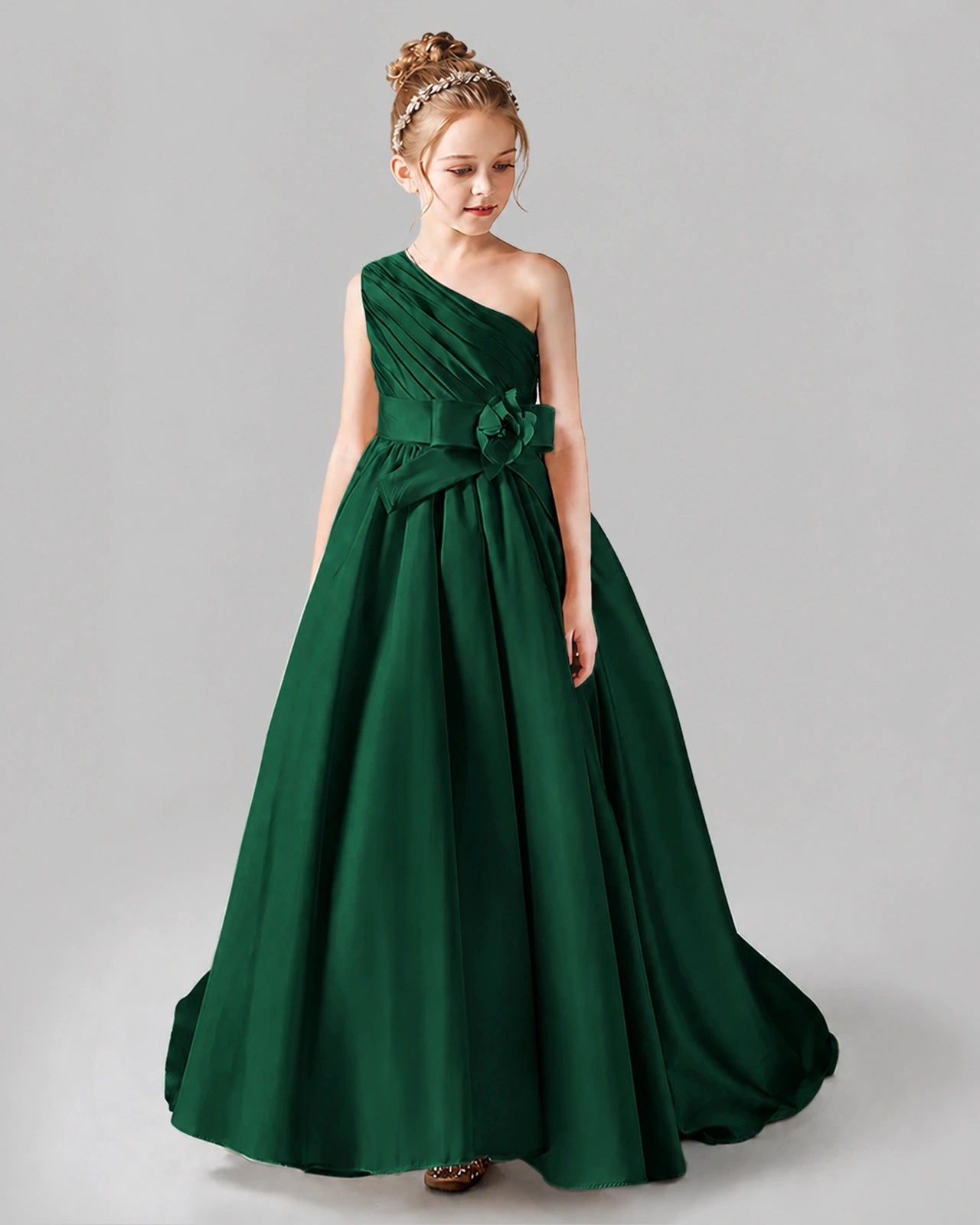 Dark Green Satin A-line Pageant Dress Front View