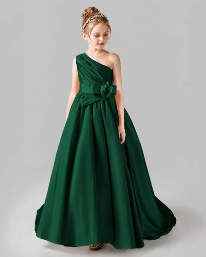 Dark Green Satin A-line Pageant Dress Front View