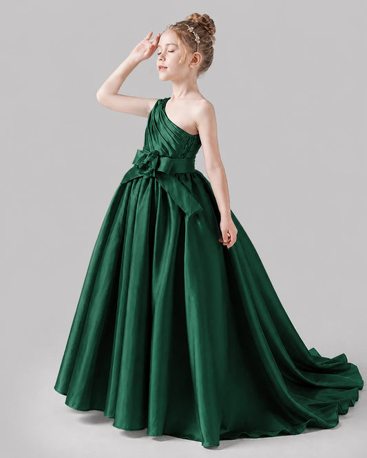 Dark Green Satin A-line Pageant Dress Side View