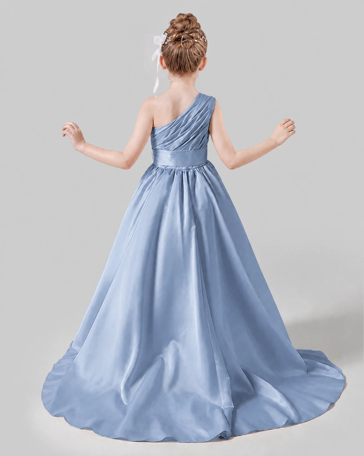 Dusty Blue Satin A-line Pageant Dress Back View