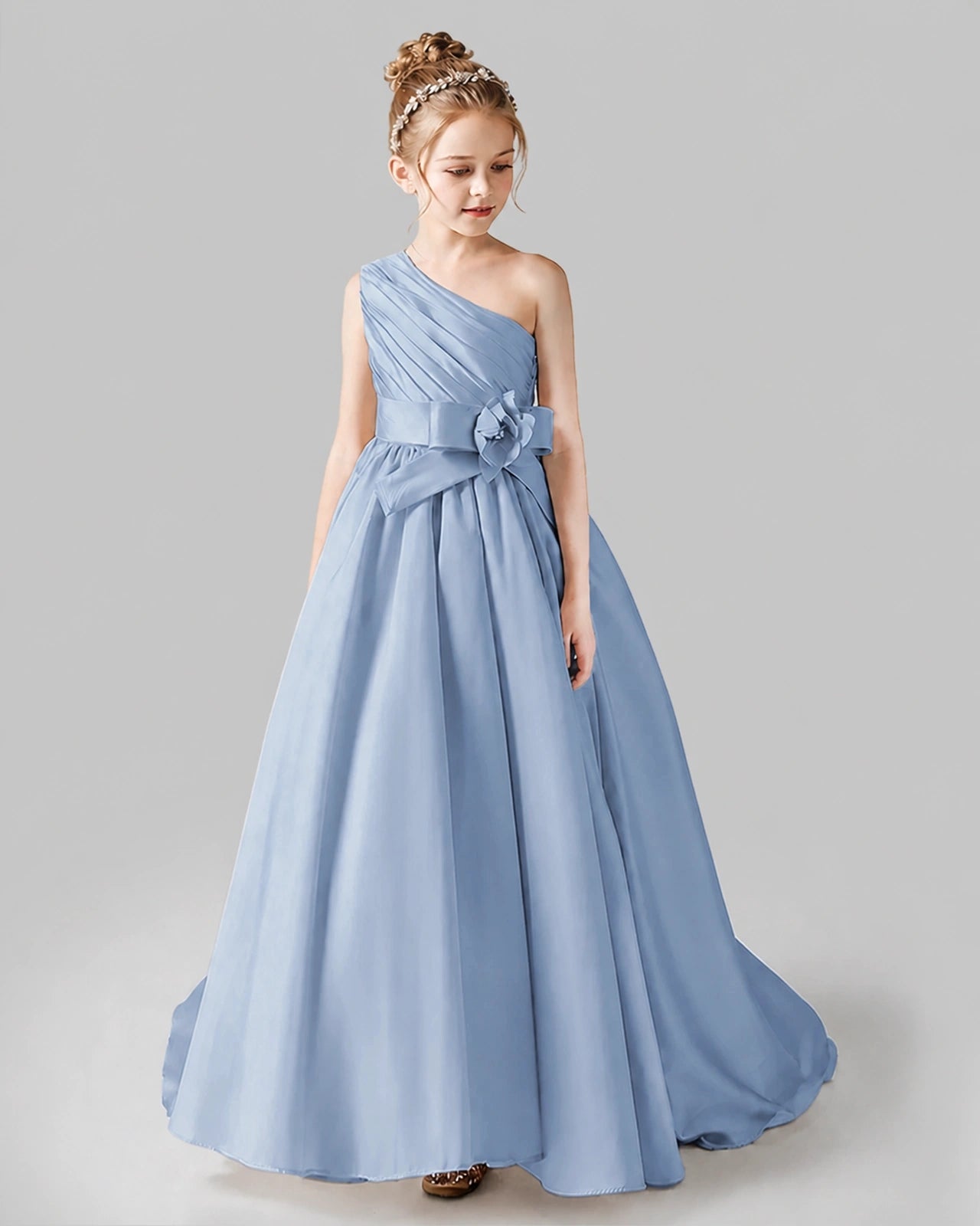 Dusty Blue Satin A-line Pageant Dress Front View