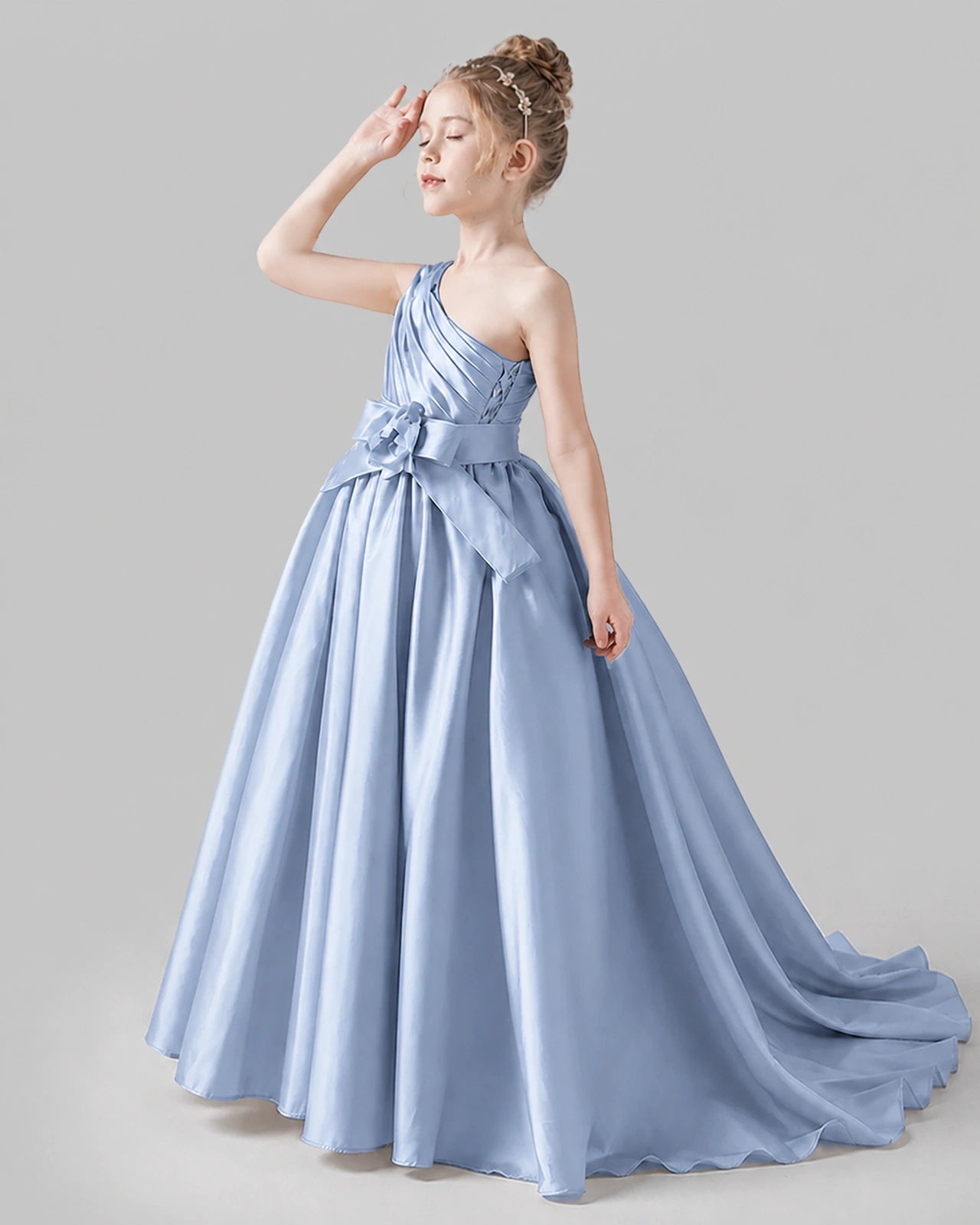Dusty Blue Satin Ball Gown Pageant Dress Side View