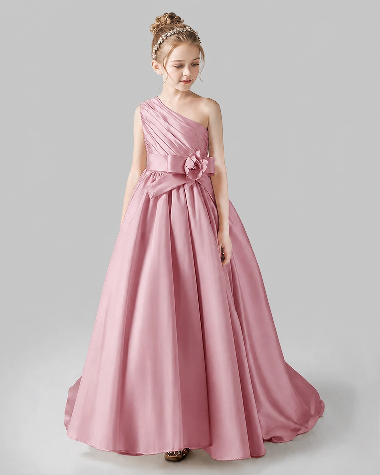 Dusty Rose Satin A-line Pageant Dress Front View