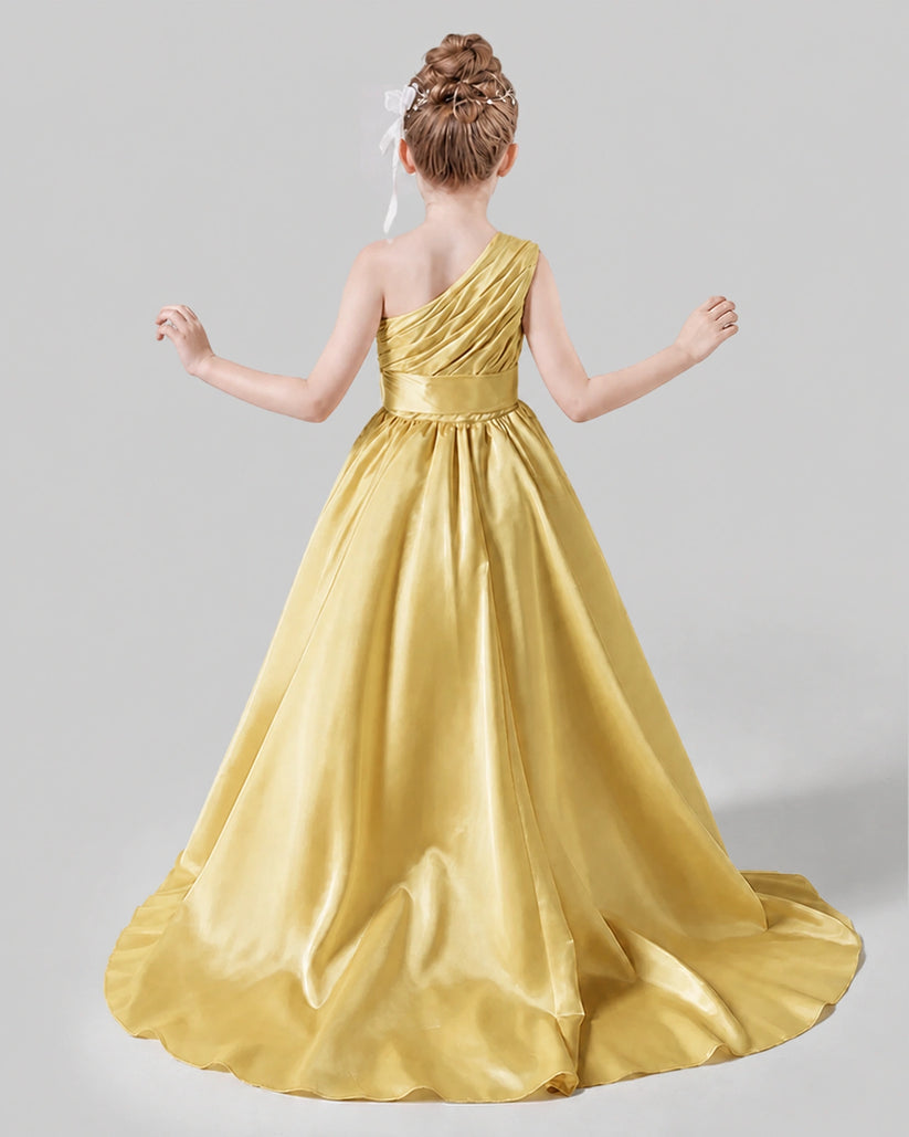 Gold Satin A-line Pageant Dress Back View