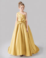 Gold Satin A-line Pageant Dress Front View
