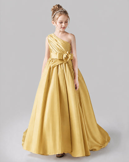 Gold Satin A-line Pageant Dress Front View