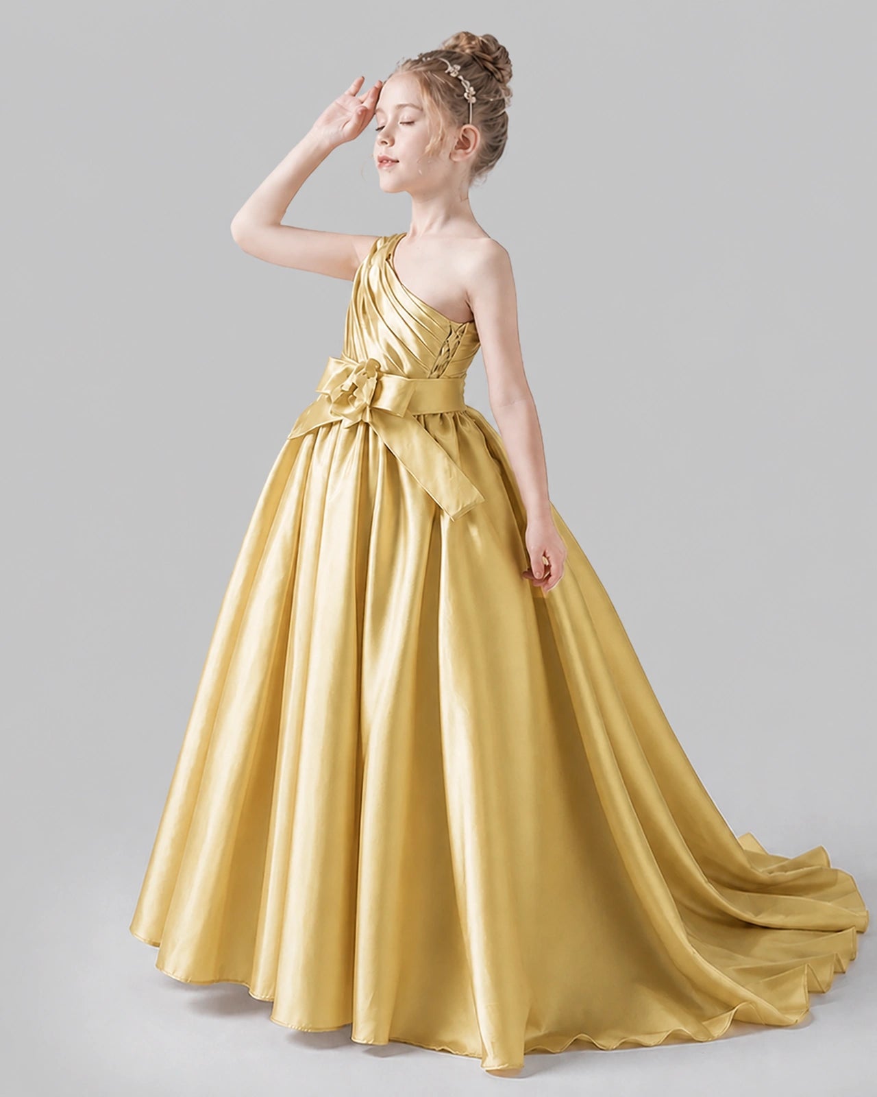 Gold Satin A-line Pageant Dress Side View