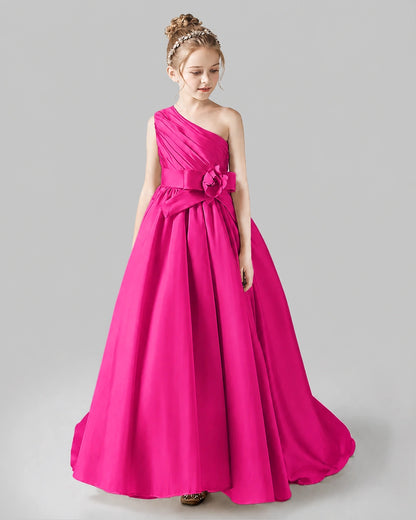 Hot Pink Satin Ball Gown Pageant Dress Front View