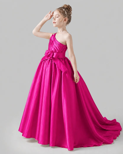Hot Pink Satin Ball Gown Pageant Dress Side View