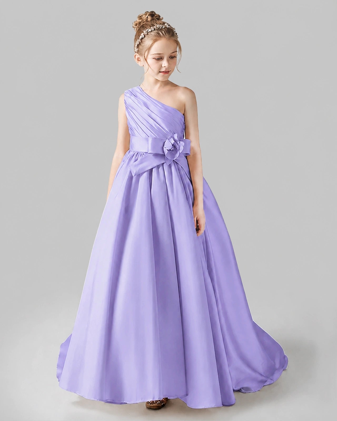 Lavender Satin A-line Pageant Dress Front View
