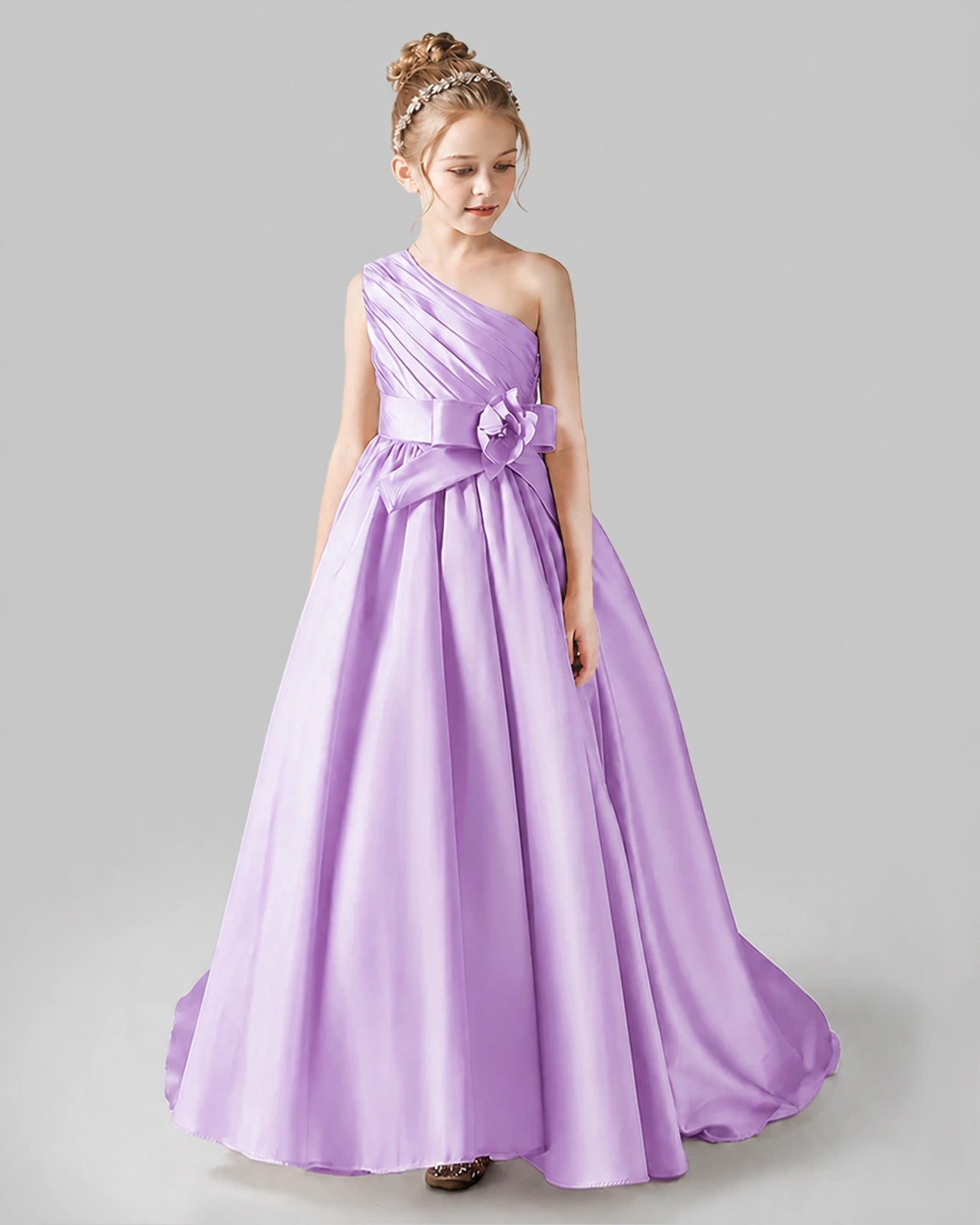 Lilac Satin A-line Pageant Dress Front View