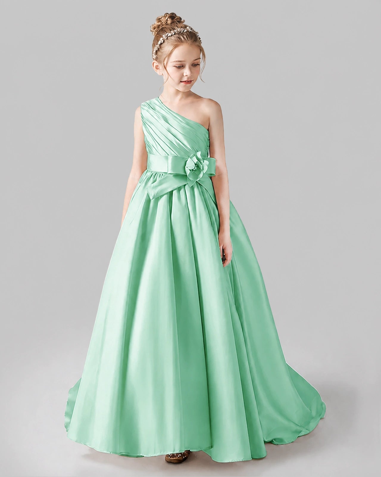 Mint Green Satin A-line Pageant Dress Front View