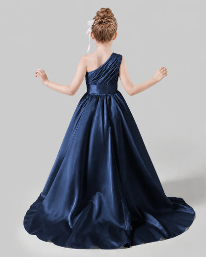 Navy Blue Satin A-line Pageant Dress Back View
