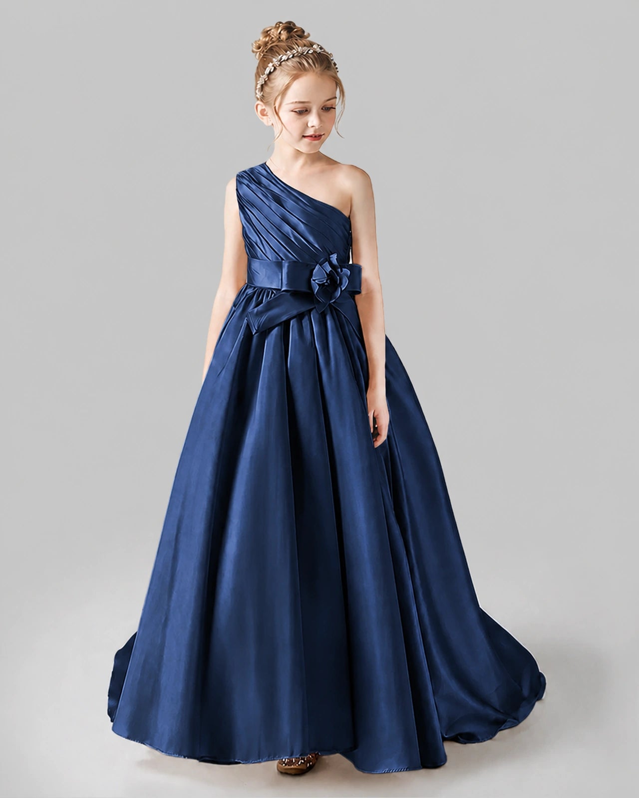 Navy Blue Satin A-line Pageant Dress Front View