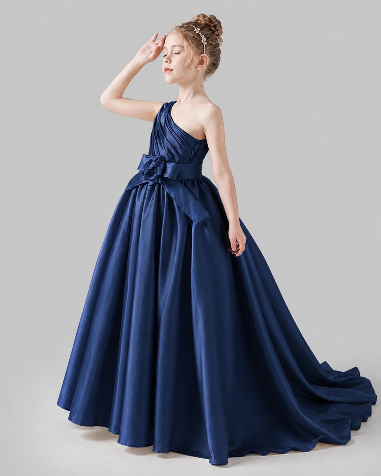 Navy Blue Satin A-line Pageant Dress Side View