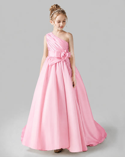Pink Satin A-line Pageant Dress Front View