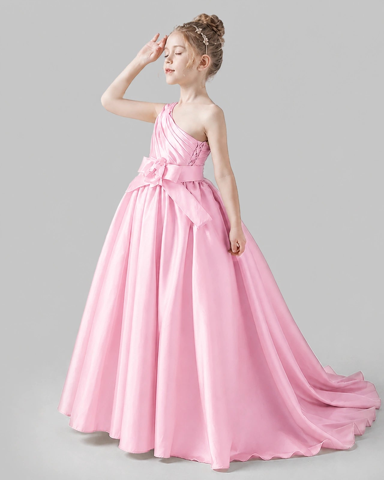 Pink Satin A-line Pageant Dress Side View