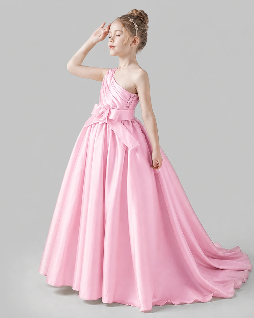 Pink Satin A-line Pageant Dress Side View