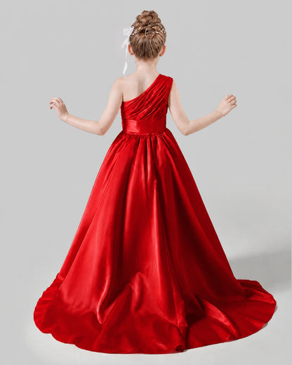 Red Satin A-line Pageant Dress Back View