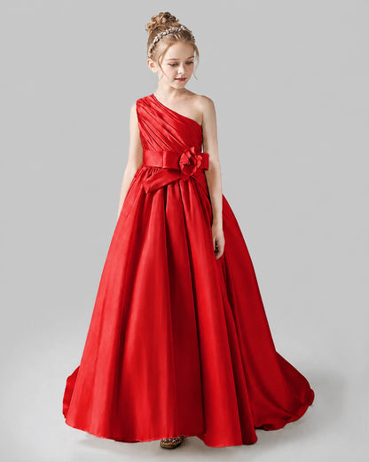 Red Satin A-line Pageant Dress Front View