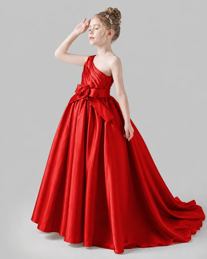 Red Satin A-line Pageant Dress Side View