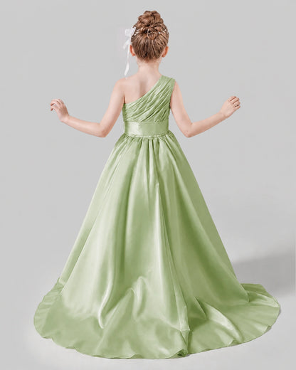 Sage Green Satin A-line Pageant Dress Back View