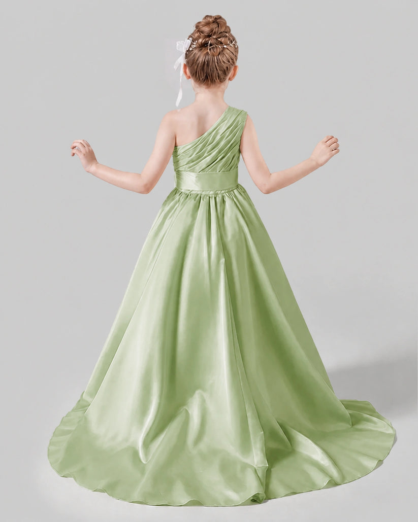 Sage Green Satin A-line Pageant Dress Back View