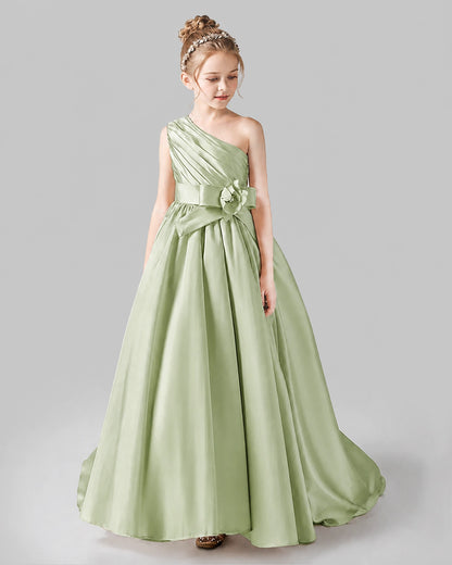 Sage Green Satin A-line Pageant Dress Front View