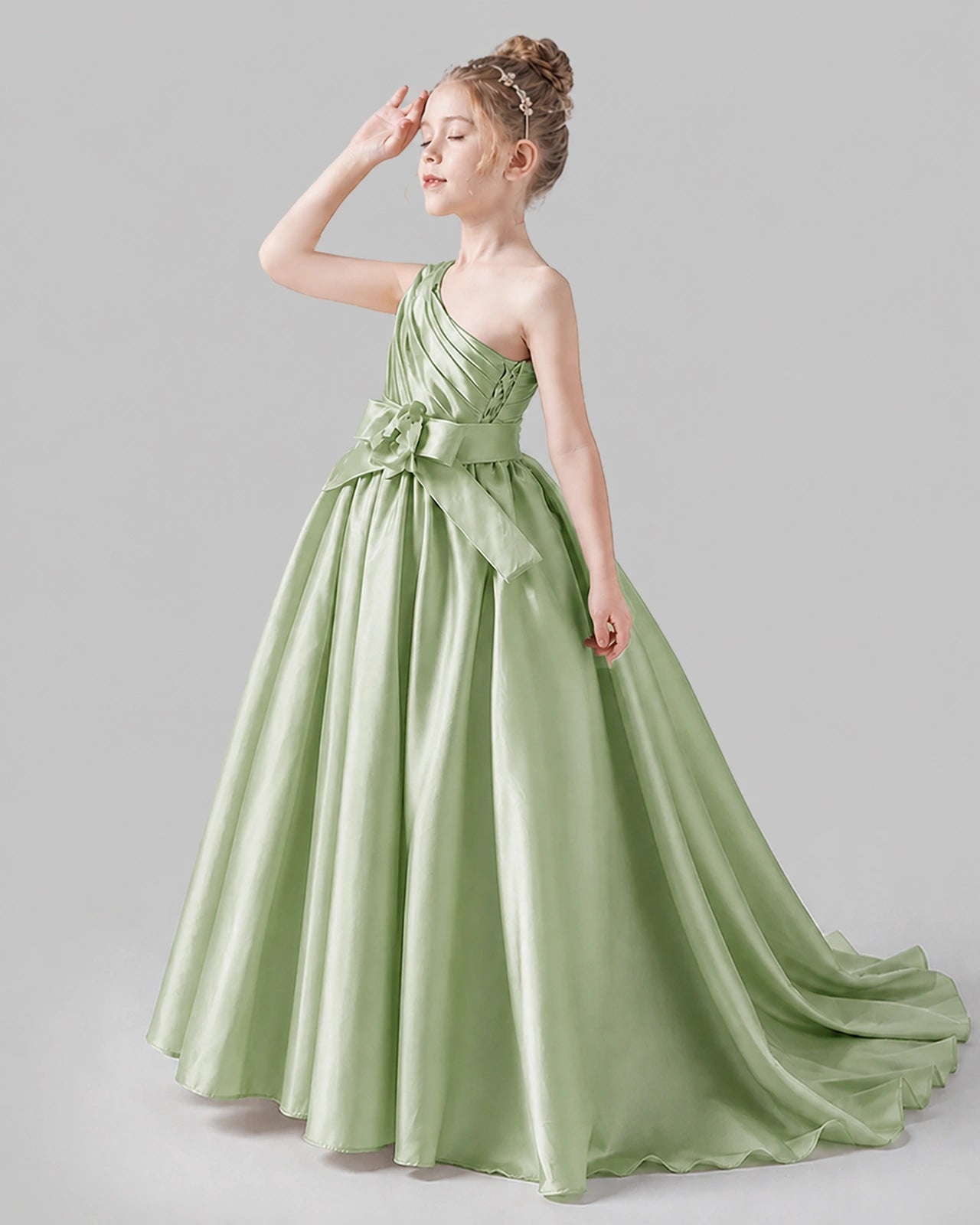 Sage Green Satin A-line Pageant Dress Side View