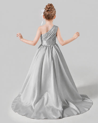 Silver Satin A-line Pageant Dress Back View