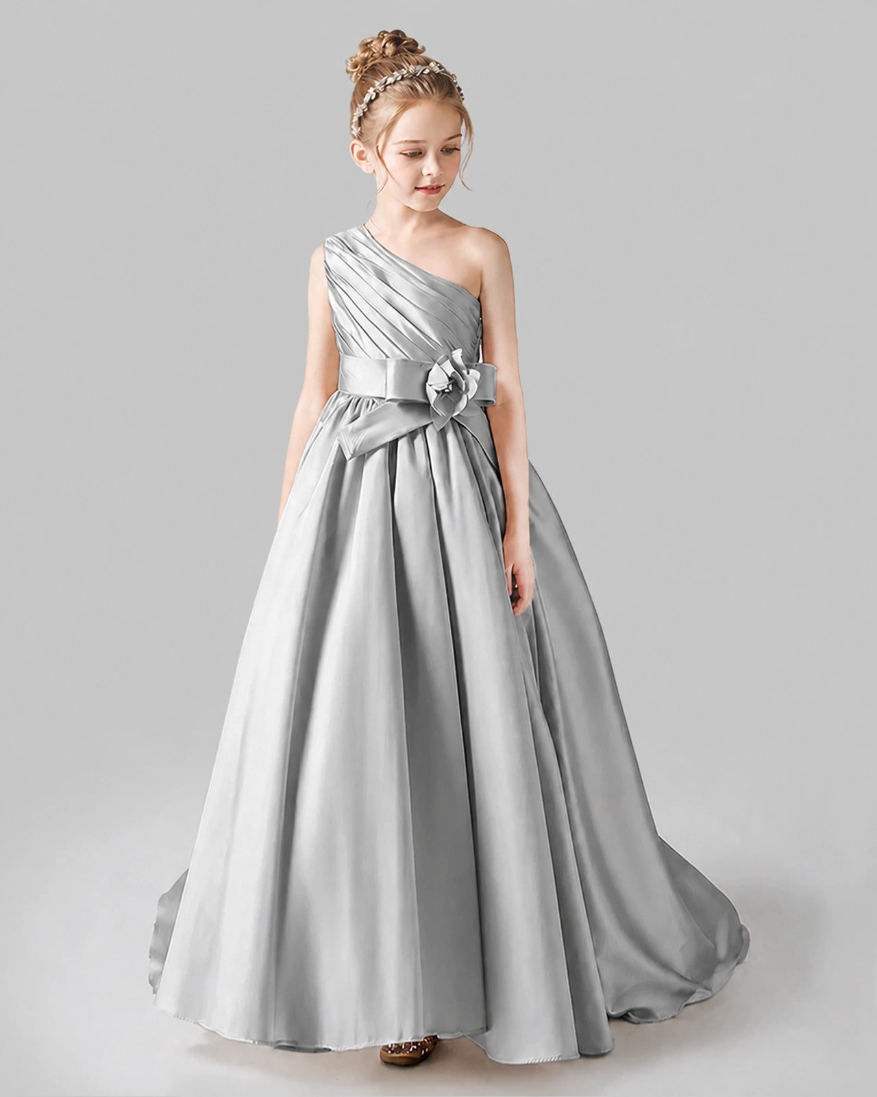 Silver Satin A-line Pageant Dress Front View