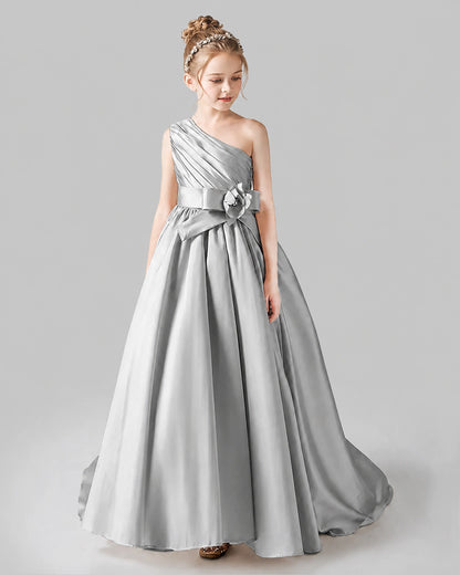 Silver Satin A-line Pageant Dress Front View