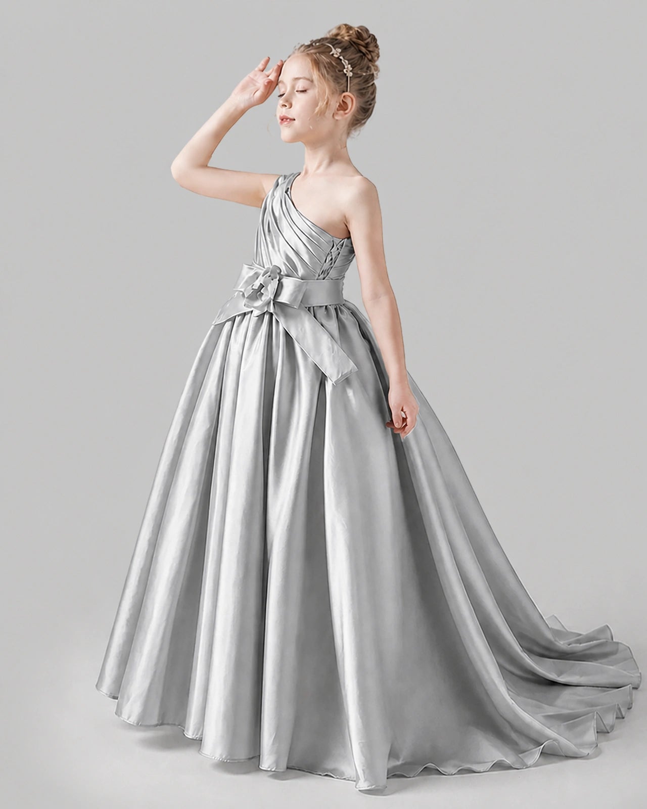 Silver Satin A-line Pageant Dress Side View